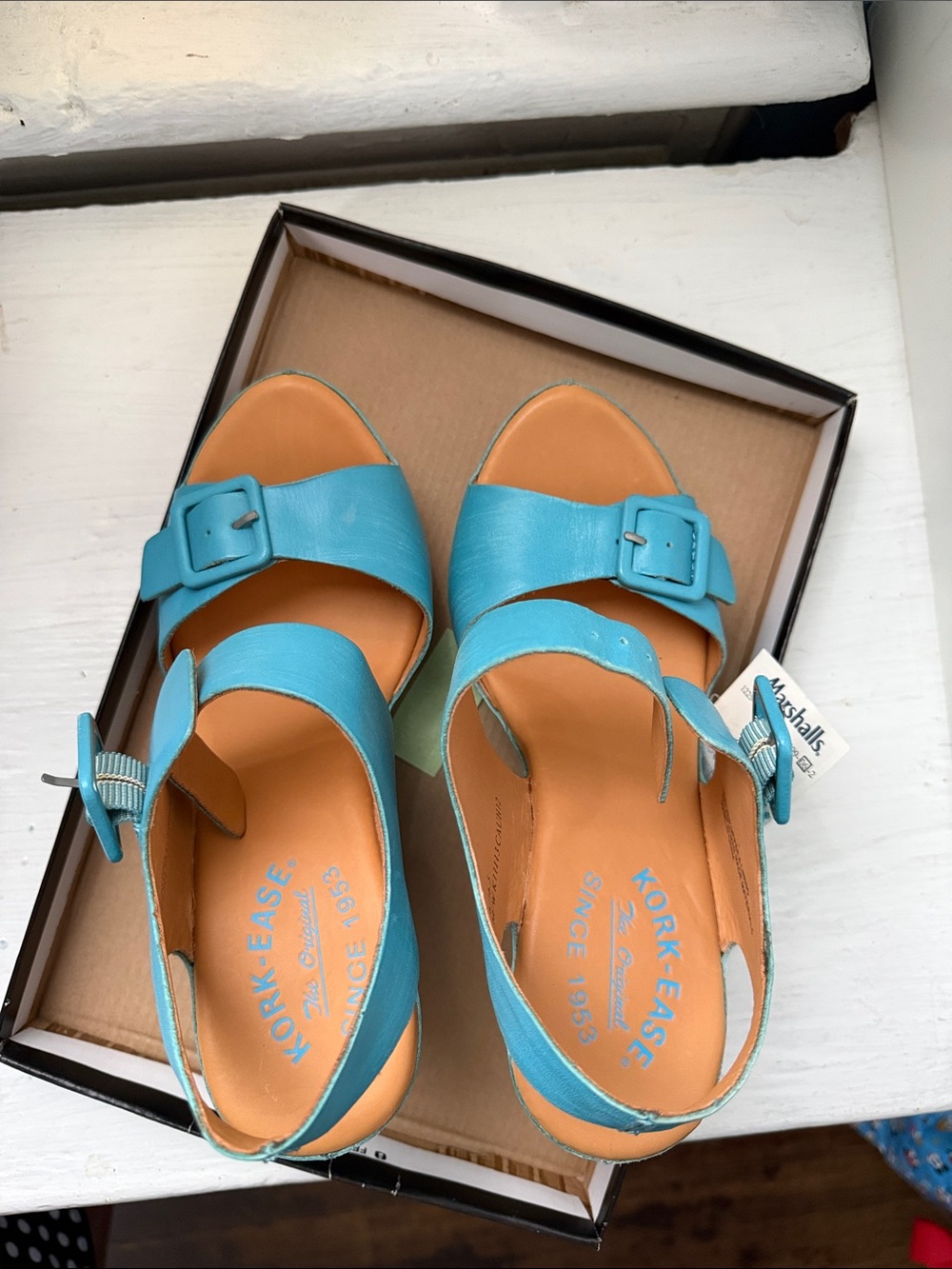 Kork-Ease Turquoise Blue Platform Wedge Sandals with Buckle - Picture 6 of 8
